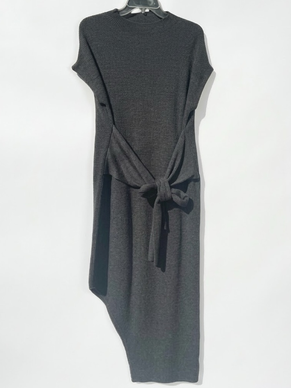 Tahari Grey Merino Wool Blend Asymmetrical Front Belting Sweater Dress M